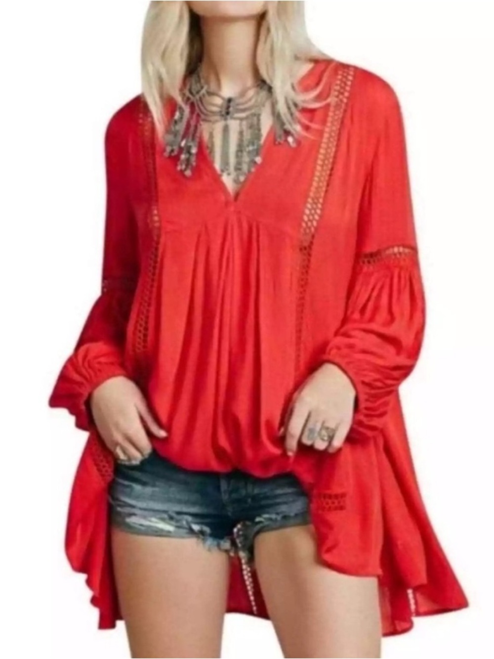 Free People Just the Two of Us Tunic Blouse Dress Red Long Sleeve S